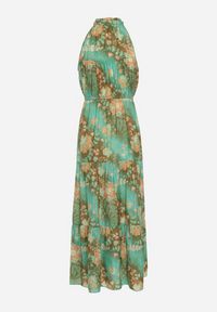 Born2be - Zielona Taliowana Sukienka w Kwiaty z Gumką w Pasie i Wiązaniem przy Szyi Lusaria. Okazja: na co dzień. Kolor: zielony. Materiał: skóra. Długość rękawa: bez rękawów. Wzór: kwiaty. Sezon: wiosna, lato. Styl: boho, elegancki, casual #4