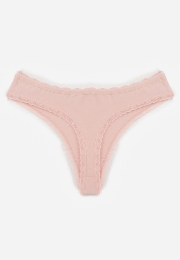 Born2be - Różowe Majtki z Bawełną Typu Stringi Ozdobione Koronką Cirilise. Kolor: różowy. Materiał: bawełna, koronka. Wzór: aplikacja, koronka