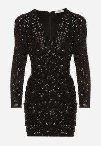 Born2be - Czarna Dopasowana Sukienka o Eleganckim Kroju z Dekoltem w Serek i Cekinami Iwedama. Okazja: na imprezę. Typ kołnierza: dekolt w serek. Kolor: czarny. Materiał: poliester. Wzór: aplikacja, gładki. Styl: elegancki #5