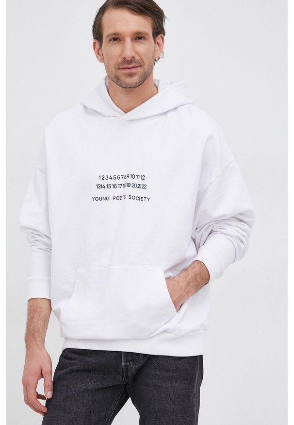 Young Poets Society Bluza bawełniana męska kolor biały z kapturem z nadrukiem. Okazja: na co dzień. Typ kołnierza: kaptur. Kolor: biały. Materiał: bawełna. Wzór: nadruk. Styl: casual