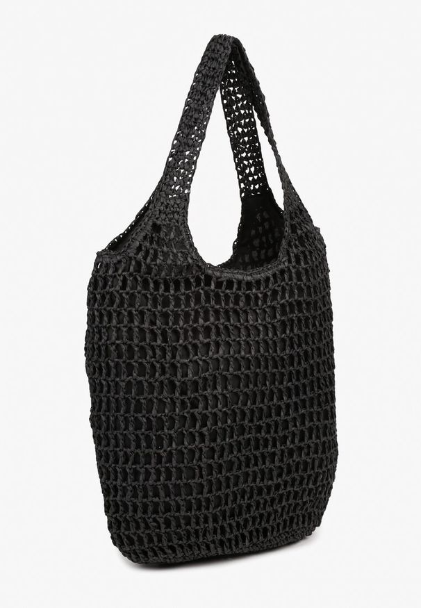 Born2be - Czarna Torebka Shopper z Plecionką i Napisami Navessa. Kolor: czarny. Wzór: napisy. Sezon: lato, wiosna. Styl: klasyczny, casual