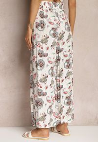 Renee - Biało-Różowe Bawełniane Spodnie Boho w Stylu Palazzo z Gumką w Pasie i Wysokim Stanem Pravia. Stan: podwyższony. Kolor: biały. Materiał: bawełna. Sezon: lato. Styl: boho