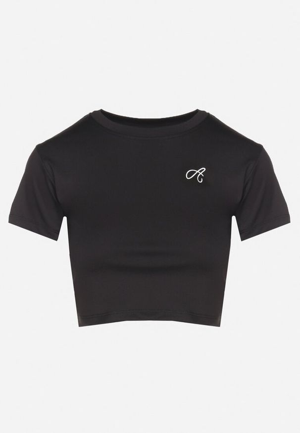 Born2be - Czarny T-shirt Crop Top Ozdobiony Literką Koliviela. Okazja: na co dzień. Kolor: czarny. Materiał: jeans. Długość: krótkie. Wzór: aplikacja. Styl: elegancki, casual