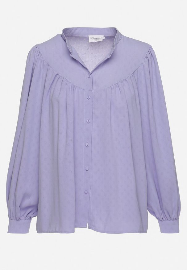 Born2be - Fioletowa Koszula ze Stójką z Lekko Bufiastymi Rękawami Himastia. Typ kołnierza: kołnierzyk stójkowy. Kolor: fioletowy. Materiał: jeans. Styl: klasyczny, elegancki