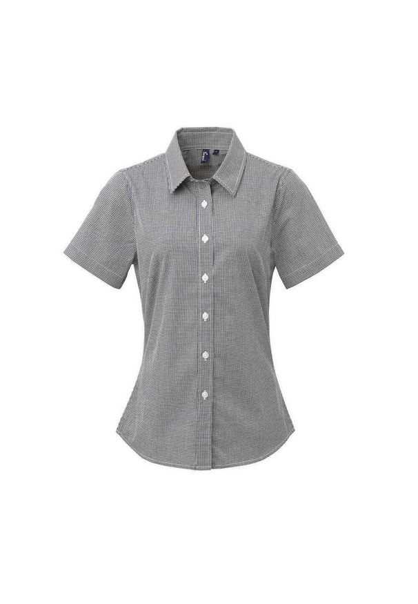 PREMIER - Damska Bawełniana Koszula Z Krótkim Rękawem W Kratkę Micro Gingham. Kolor: czarny, wielokolorowy, biały. Materiał: bawełna. Długość rękawa: krótki rękaw. Długość: krótkie. Wzór: kratka