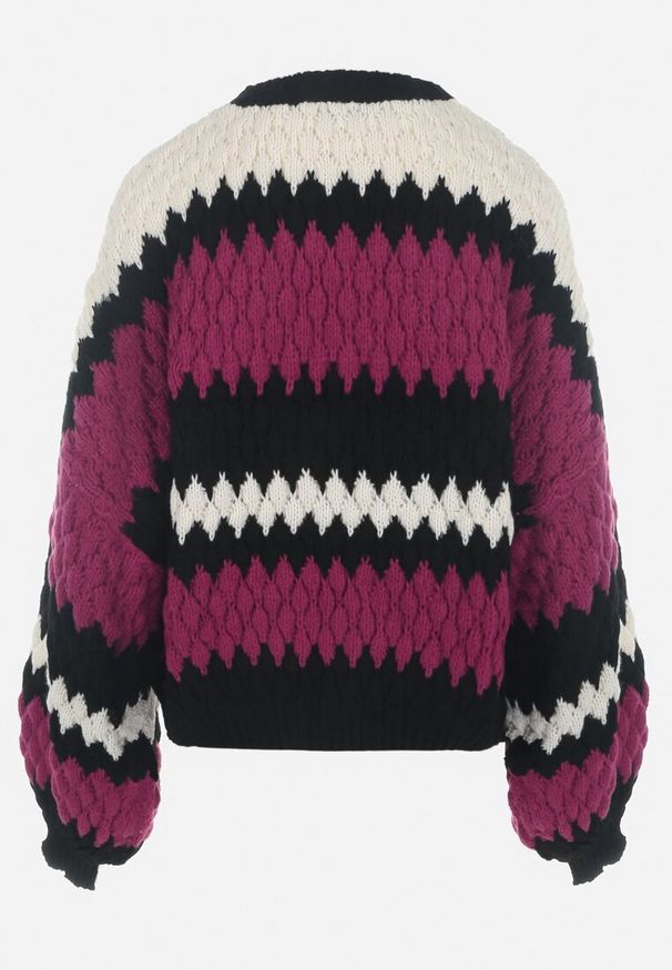 Born2be - Fuksjowy Sweter Oversize z Ozdobnym Wzorem Dzianiny Mexio. Kolor: różowy. Materiał: dzianina. Długość: długie