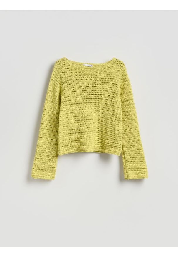 Reserved - Sweter z luźnym splotem - zielony. Kolor: zielony. Materiał: dzianina, bawełna. Wzór: ze splotem