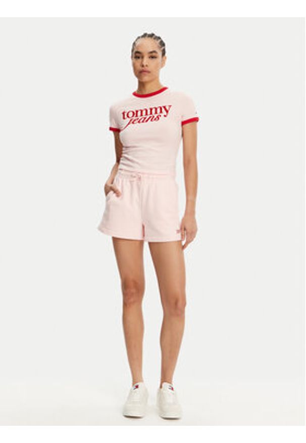 Tommy Jeans T-Shirt Script Ringer DW0DW20631 Różowy Slim Fit. Kolor: różowy. Materiał: bawełna