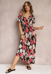 Renee - Czarno-Czerwona Kopertowa Sukienka Maxi w Kwiaty z Gumką w Talii Jazzly. Kolor: czerwony. Materiał: materiał. Długość rękawa: krótki rękaw. Wzór: kwiaty. Typ sukienki: kopertowe. Długość: maxi #5
