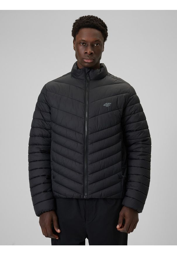 4f - 4F Kurtka z wypełnieniem syntetycznym męska - czarna L. Okazja: na co dzień. Kolor: czarny. Materiał: syntetyk. Wzór: jodełka. Styl: casual