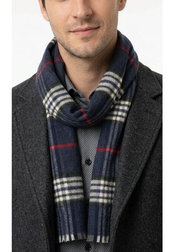 V. Fraas - Szalik Miękki, Granatowy w Kratkę, Firmy V.Fraas -Cashmink- Elegancki, Męski. Kolor: niebieski. Materiał: materiał, bawełna, wełna, syntetyk, poliakryl, tkanina, poliester. Wzór: kratka. Sezon: lato. Styl: elegancki