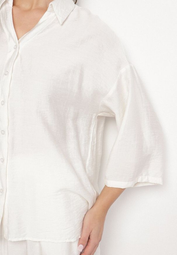 Born2be - Biały Komplet z Wiskozy Koszula z Podpinanymi Rękawami i Szerokie Spodnie Dormoi. Kolor: biały. Materiał: wiskoza