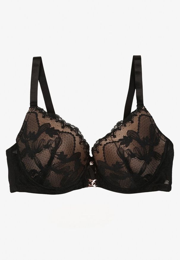 Born2be - Czarno-Beżowy Biustonosz z Koronką i Metaliczną Ozdobą Valzedia. Kolor: czarny. Materiał: koronka. Wzór: aplikacja, koronka
