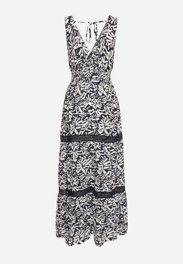 Born2be - Granatowa Bawełniana Sukienka o Taliowanym Kroju z Gumką w Talii i Wiązaniem na Szyi Xenena. Kolor: niebieski. Materiał: bawełna