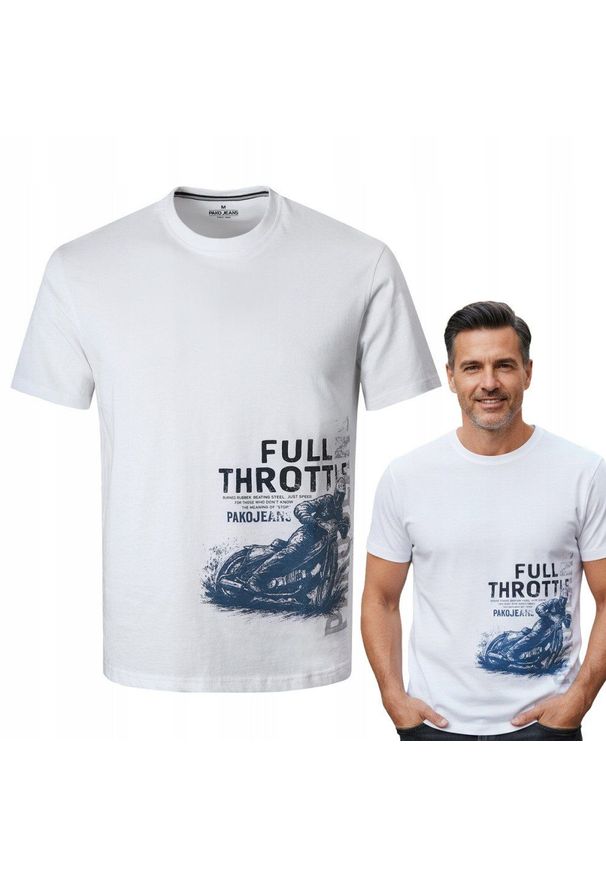 Męska Koszulka (T-Shirt) - Pako Jeans - Biała z Motorem Żużlowym. Okazja: na co dzień. Kolor: biały. Materiał: bawełna. Wzór: nadruk. Styl: casual