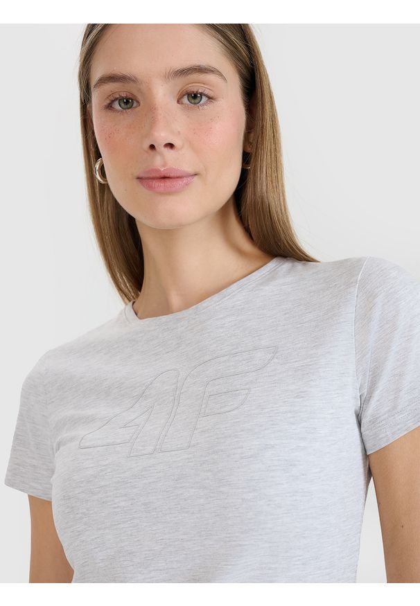 4f - 4F T-shirt slim z nadrukiem damski - szary XS. Okazja: na co dzień. Kolor: szary. Materiał: dzianina, bawełna, jersey, materiał, elastan. Wzór: nadruk. Styl: klasyczny, sportowy, casual