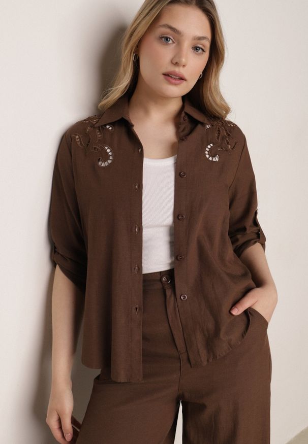 Born2be - Brązowy Rustykalny Komplet z Bawełną z Ażurowym Wzorem Spodnie i Koszula Anael. Kolor: brązowy. Materiał: bawełna. Wzór: ażurowy
