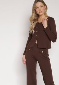 Born2be - Brązowy Dzianinowy Komplet z Wiskozą w Eleganckim Stylu Kardigan i Spodnie Delisana. Kolor: brązowy. Materiał: dzianina, wiskoza #6