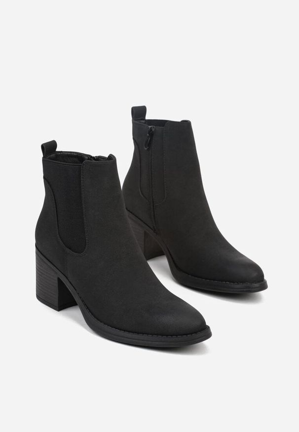 Renee - Czarne Botki Typu Sztyblety na Słupkowym Obcasie Levea. Okazja: na co dzień. Zapięcie: zamek. Kolor: czarny. Materiał: jeans. Obcas: na obcasie. Styl: elegancki, wizytowy, klasyczny, casual. Wysokość obcasa: średni