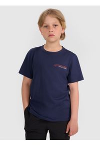 4f - 4F T-shirt regular z nadrukiem chłopięcy - granatowy 122 (6-7 lat). Okazja: na co dzień. Kolor: niebieski. Materiał: bawełna, jersey, dzianina. Długość rękawa: krótki rękaw. Długość: krótkie. Wzór: nadruk. Sezon: lato. Styl: klasyczny, sportowy, casual
