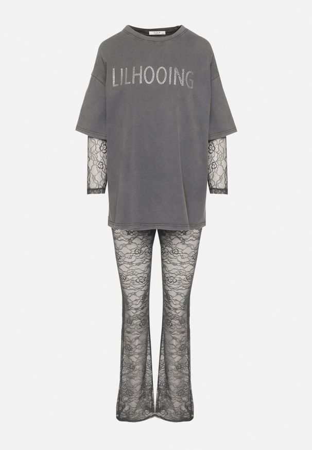 Born2be - Szary Bawełniany Komplet Bluzka z Koronkowymi Rękawami i Spodnie Koronkowe Galimira. Kolor: zielony. Materiał: koronka, bawełna