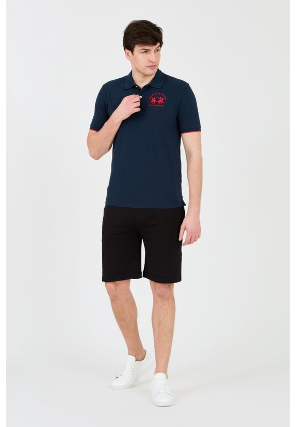 La Martina - LA MARTINA Granatowe męskie polo z dużym czerwonym logo, Rozmiar L. Typ kołnierza: polo. Kolor: niebieski