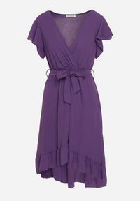 Born2be - Fioletowa Kopertowa Sukienka z Asymetrycznym Dołem Ozdobiona Falbanką z Paskiem w Talii Snidia. Okazja: na co dzień, na spacer. Kolor: fioletowy. Wzór: aplikacja. Sezon: lato. Typ sukienki: asymetryczne, kopertowe. Styl: klasyczny, casual, elegancki #7