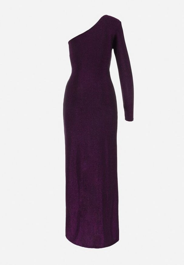 Born2be - Fioletowa Metaliczna Sukienka Maxi o Asymetrycznym Fasonie z Kopertowym Dekoltem Ozelbia. Kolor: fioletowy. Materiał: materiał. Długość rękawa: długi rękaw. Typ sukienki: asymetryczne, kopertowe. Długość: maxi