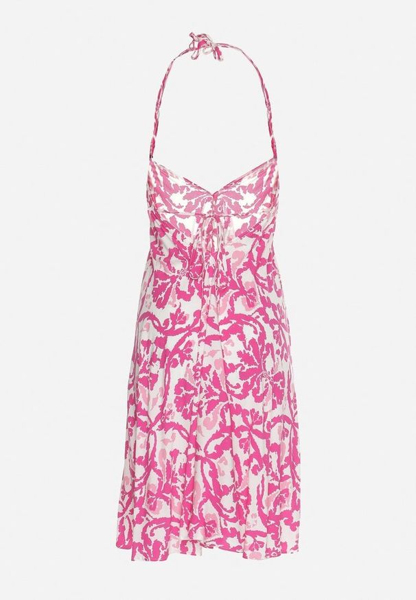 Born2be - Różowa Rozkloszowana Sukienka na Ramiączkach Wiązana na Szyi z Dekoltem w Serek Beviana. Okazja: na co dzień. Typ kołnierza: dekolt w serek. Kolor: różowy. Materiał: materiał, bawełna, skóra. Długość rękawa: na ramiączkach. Styl: elegancki, klasyczny, casual