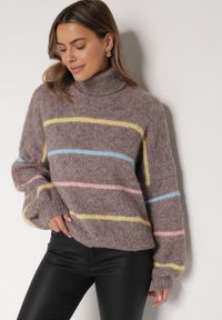 Born2be - Beżowy Golf z Wełną Ozdobiony Paskami Reisorria. Okazja: na spacer, na co dzień. Typ kołnierza: golf. Kolor: beżowy. Materiał: wełna. Wzór: aplikacja. Styl: casual #7