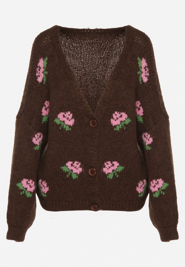 Born2be - Brązowy Kardigan Oversize z Domieszką Wełny w Kwiatowy Wzór Nelenea. Okazja: na co dzień. Typ kołnierza: dekolt w serek. Kolor: brązowy. Materiał: wełna. Wzór: kwiaty. Styl: casual