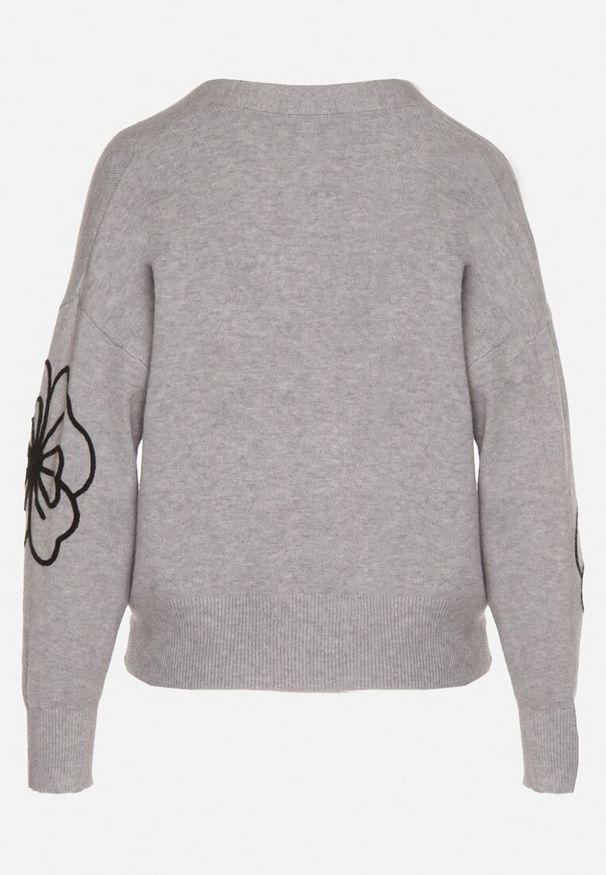 Born2be - Szary Kardigan na Guziki w Haftowane Kwiaty Tustara. Okazja: na co dzień. Kolor: szary. Materiał: jeans. Wzór: haft, kwiaty. Styl: casual