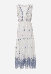 Renee - Biało-Niebieska Sukienka na Lato Boho z Bawełny w Haftowane Wzory z Falbanką Alemite. Typ kołnierza: kołnierz z falbankami. Kolor: niebieski. Materiał: bawełna. Wzór: haft. Sezon: lato. Typ sukienki: proste. Styl: boho. Długość: maxi #3