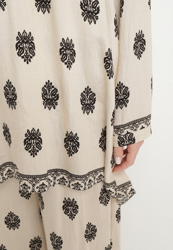 Born2be - Jasnobeżowy Komplet Oversize z Wiskozą Koszula i Spodnie Zdobione Etnicznym Wzorem Janileva. Kolor: beżowy. Materiał: wiskoza. Wzór: aplikacja