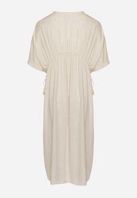 Born2be - Beżowa Wiskozowa Sukienka z Lnem o Nietoperzowym Kroju z Wiązaniem Tolureia. Okazja: na co dzień. Typ kołnierza: dekolt w serek. Kolor: beżowy. Materiał: len, wiskoza. Styl: casual, elegancki #7