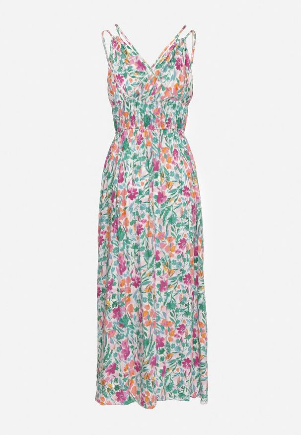 Born2be - Zielono-Niebieska Letnia Sukienka z Wiskozy w Kwiatki z Ozdobnymi Ramiączkami i Gumką w Pasie Triagena. Okazja: na spacer, na imprezę. Typ kołnierza: dekolt w serek. Kolor: zielony. Materiał: wiskoza. Długość rękawa: na ramiączkach. Wzór: kwiaty. Sezon: lato