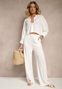 Renee - Białe Spodnie z Lnem i Bawełną o Szerokim Kroju High Waist Sallieta. Okazja: na co dzień. Stan: podwyższony. Kolor: biały. Materiał: bawełna, len. Styl: casual