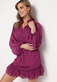 Born2be - Fioletowa Rozkloszowana Sukienka z Falbanką Harlin. Kolor: fioletowy. Długość: mini #4