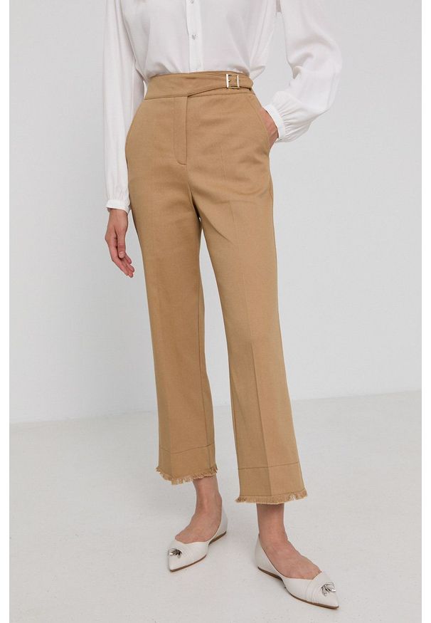 Marella Spodnie damskie kolor beżowy proste high waist. Okazja: na co dzień. Stan: podwyższony. Kolor: beżowy. Styl: casual