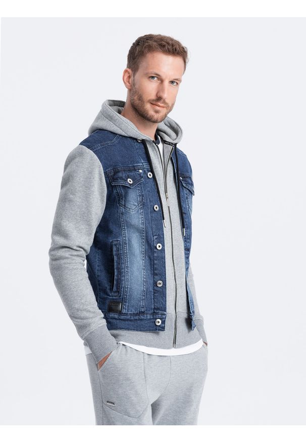 Ombre Clothing - Dzianinowa kurtka męska z kapturem i jeansowymi wstawkami – szaro-niebieska V1 - Rozmiar: M. Typ kołnierza: kaptur. Kolor: szary. Materiał: jeans, dzianina