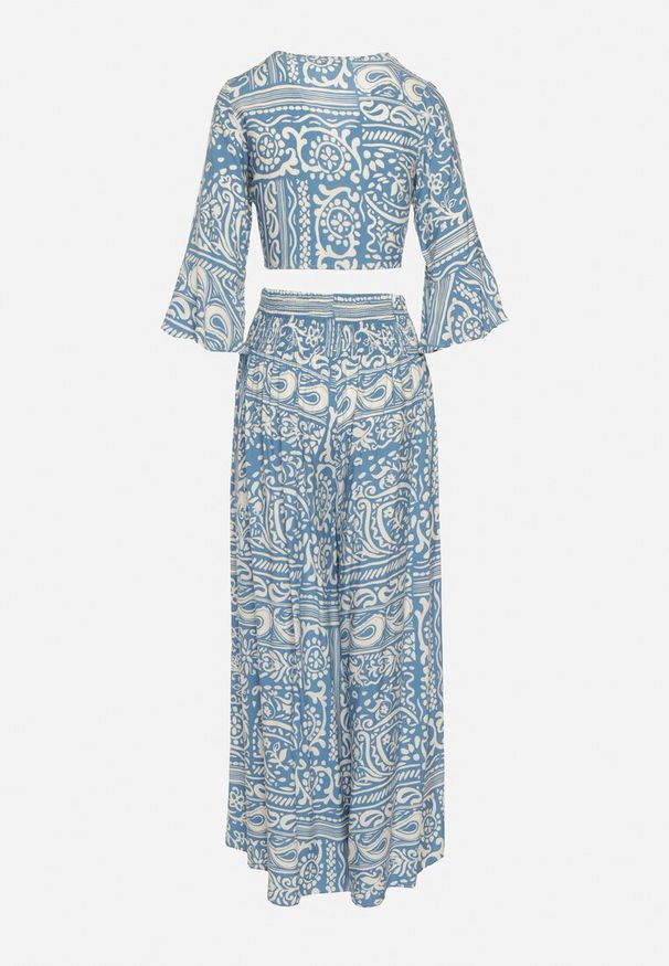 Born2be - Niebieski 2-Częściowy Bawełniany Komplet Szerokie Spodnie i Wiązana Bluzka Pelisa. Kolor: niebieski. Materiał: bawełna