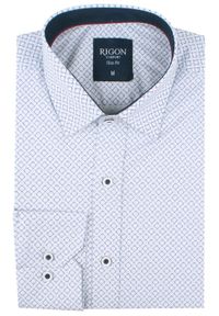 Męska Koszula, Taliowana (Slim Fit) - Rigon - Biel, Wzór. Okazja: do pracy, na spotkanie biznesowe. Materiał: bawełna, poliester, elastan. Długość rękawa: długi rękaw. Długość: długie. Styl: wizytowy, elegancki, biznesowy #2