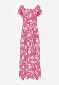 Renee - Różowa Kwiecista Sukienka o Rozkloszowanym Kroju z Marszczoną Górą Eliseria. Okazja: na imprezę. Typ kołnierza: dekolt w łódkę. Kolor: różowy. Materiał: materiał. Wzór: kwiaty. Typ sukienki: rozkloszowane. Styl: elegancki #4