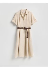 Reserved - Sukienka midi z lnem - beżowy. Kolor: beżowy. Materiał: len. Długość: midi