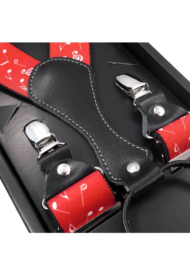 Modini - Czerwone szelki męskie w białe nuty SZ64. Kolor: biały, wielokolorowy, czerwony. Materiał: skóra, guma