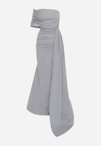 Born2be - Jasnoszara Dopasowana Sukienka Maxi z Ozdobnym Trenem Iralia. Kolor: szary. Typ sukienki: asymetryczne. Długość: maxi #7