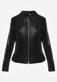 Born2be - Czarna Klasyczna Kurtka Ramoneska o Taliowantym Kroju Anlea. Okazja: na co dzień. Typ kołnierza: kołnierz z falbankami. Kolor: czarny. Materiał: dzianina, poliester, skóra, jeans. Styl: klasyczny #8