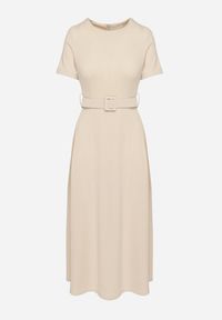 Born2be - Beżowa Rozkloszowana Sukienka Ozdobiona Paskiem Desianna. Okazja: na co dzień. Kolor: beżowy. Wzór: aplikacja. Typ sukienki: proste. Styl: klasyczny, casual, elegancki #3