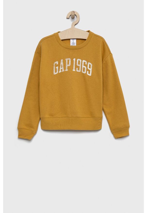 GAP Bluza dziecięca kolor żółty wzorzysta. Kolor: żółty. Materiał: dzianina, poliester. Wzór: aplikacja