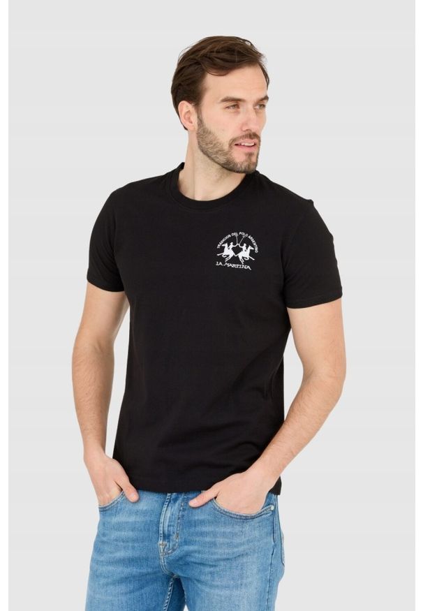 La Martina - LA MARTINA Czarny męski t-shirt Regular Fit, Rozmiar M. Kolor: czarny